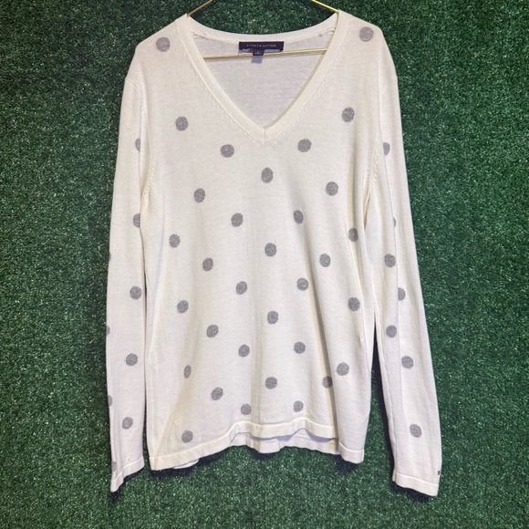 Tommy Hilfiger Ivory and Gray Polka Dot V-Neck Long Sleeve Top Classic Cotton M - Picture 6 of 6